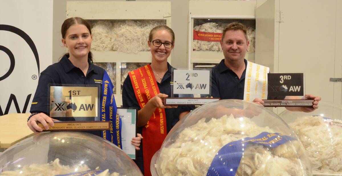 The cream of the 2018 top wool classer graduates competed for the National Graduate Wool Classer of the Year at Sydney Royal Show. Winner, Tahlia Delaney, Bethungra, of Temora TAFE with runner-up, Nicole Fragar, Tottenham, of Dubbo TAFE and third placegetter, Corey Dolbey, Evandale, of Tasmania TAFE