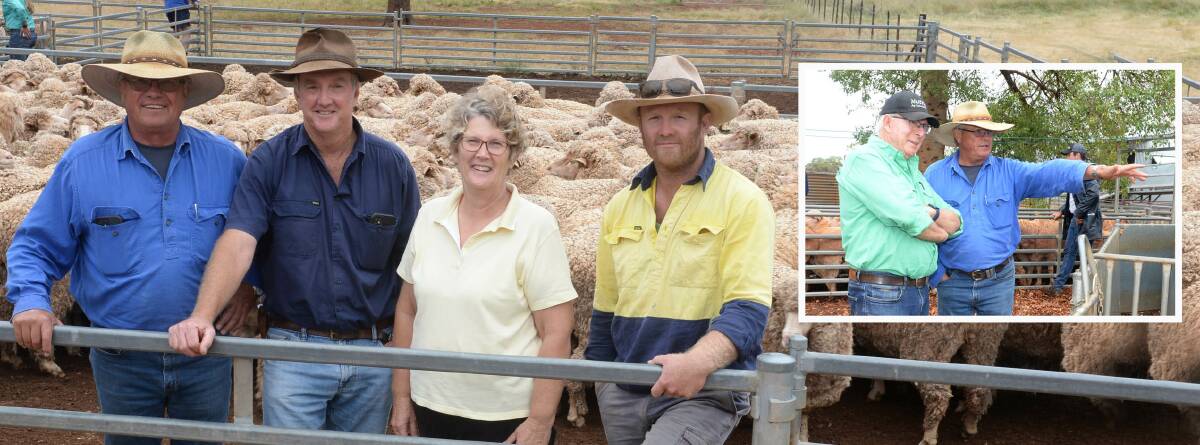The Milbank flock of the Carruthers family, Tullibigeal, won the 2021 Lake Cargelligo Maiden Merino Ewe competition. Pictured is flock classer Michael Elmes, Narrandera, with winners Barry, Vickie and Jared Carruthers among their ewes. (Insert) Kym Hannaford, Nutrien Ag, Wagga Wagga, discusses finer points of some ewes with classer, Michael Elmes, Narrandera.
