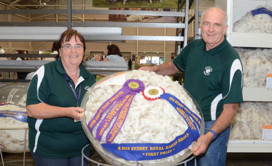 Jenny and John Alcock, Greenland stud, Bungarby, with their grand champion fleece from show society class.