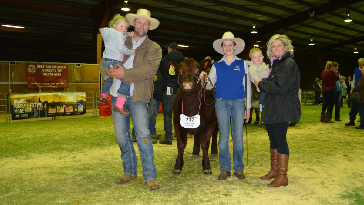 Trent and Kimberly Johnstone with Havana, 4, and Arley, 10 months, and their $8000 sale topper 8.5 month old Trojon Phyllis N52 handled by Miranda Eyb, Orange.