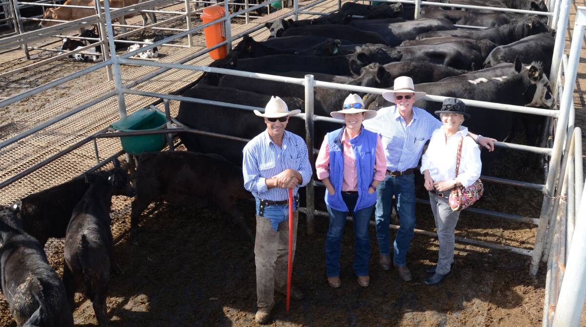 Joe Portelli of PT Lord Dakin, Dubbo, with the Rains family and their 17 Angus cows of Millah Murrah blood and 18 calves which topped the sale at $2040 a unit. Megan Rains with in-laws Geoff and Sue, “Mayfield”, Birriwa.