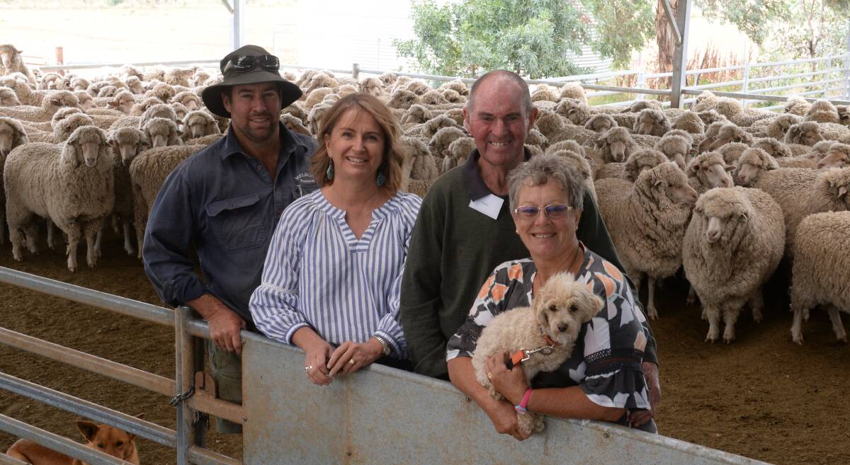 Adam, Sarah, Graham and Maureen Wallace with their winning Lach River blood maiden ewes at Melrose, Cowra.