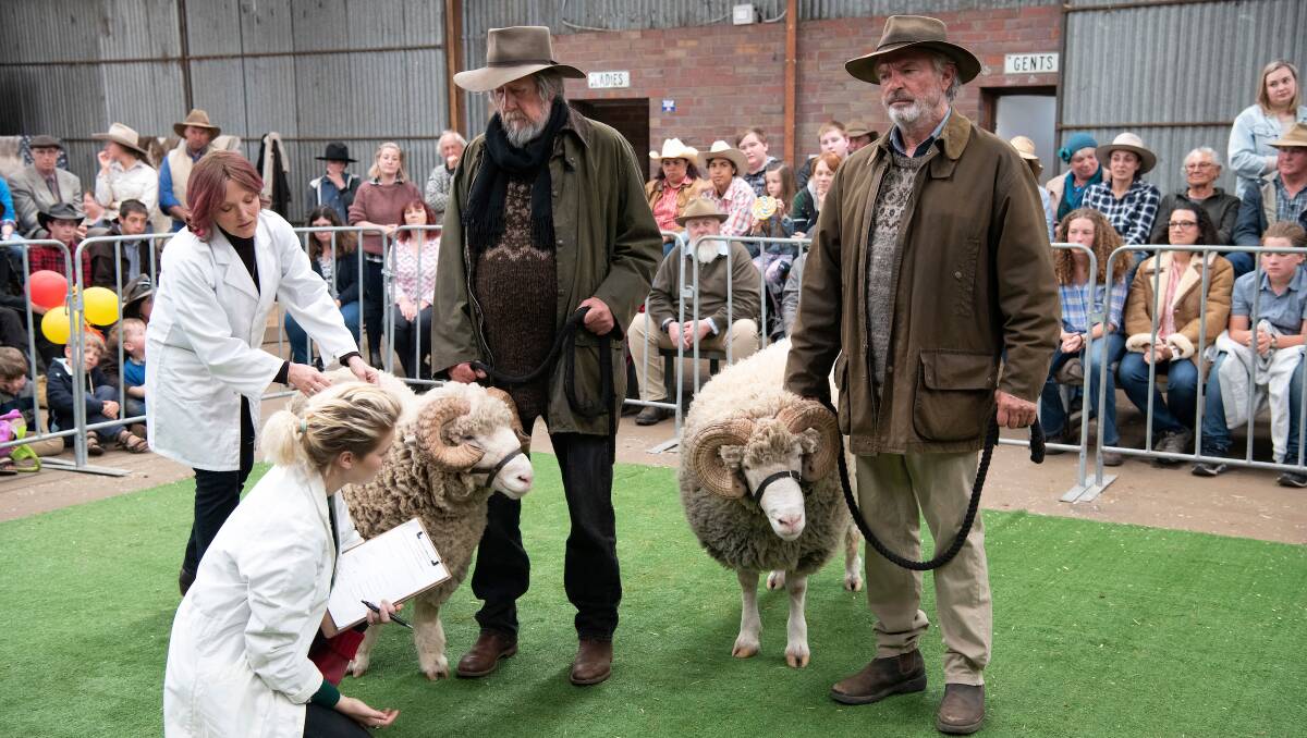 A judging scene from soon-to-be-released movie, Rams, with Michael Caton and Sam Neill as brothers showing their prized rams.