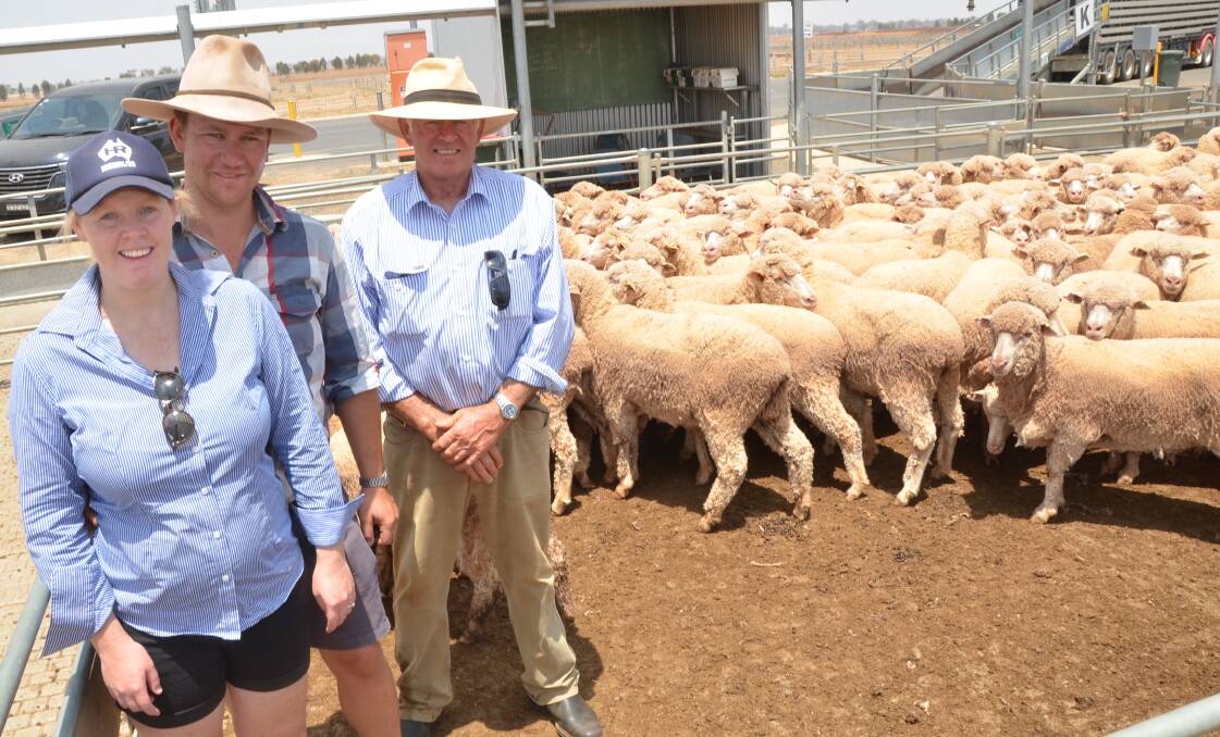 The Green family, Ollieview, Parkes, gained $180 a head for their pen of 195 Merino ewes of Haddon Rig blood, May 2018 drop, August shorn bought by Wayne Dunford and family, Lynton, Gunningbland. Pictured is Lucy Bernasconi and fiance David Green and Davids father, Richard. David and Richard.