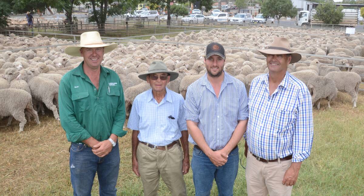 Buying agent Geoff Rice, Langlands Hanlon, Parkes, with vendors of the top-priced $236 Merino ewes, David, Nick and Michael Lyons, “Mt Bodangora”, Wellington. There were 704 ewes 1 ½ years of Wallaloo Park blood, May shorn and 110 per cent scanned in lamb to Umagarlee White Suffolk rams which sold to a Trundle district restocker.