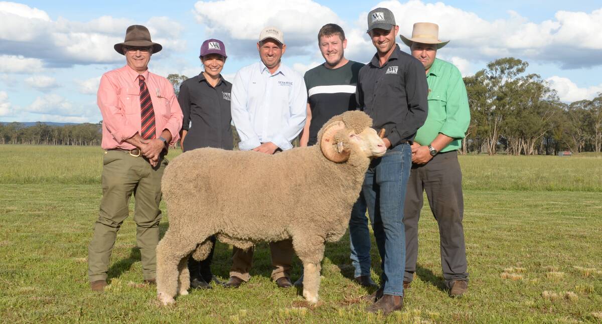 Paul Vernon, Gunners Dam, Wellington, paid $6500 top money for this Genanegie ram. Pictured is Scott Thrift, Elders, Dubbo; Danielle Tremain-Cannon, Kim Swain, Blake Skelly, Statewide Shearing who did the bidding by phone, Blake Tremain-Cannon and Brad Wilson, Nutrien, Dubbo.