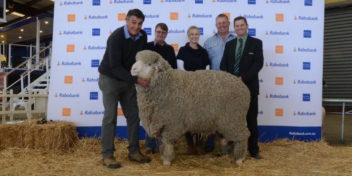 Chris Clonan of Alfoxton stud, Armidale holds his $16,000 Poll Merino ram purchased by Jim Williams and sister Kristen Frost and husband, Anthony, Thalaba stud, Laggan, with Landmark's Rick Power, Grenfell.