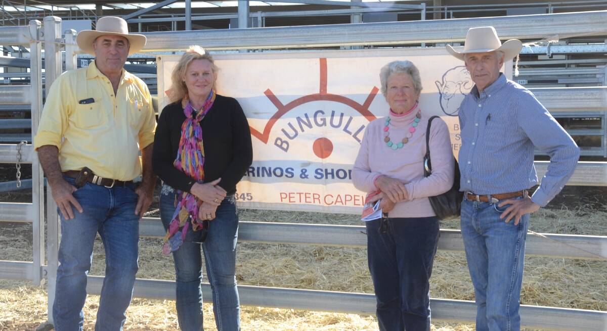 Peter and Lou Capel with Enid Capel, Bungulla stud, Manilla, with the buyer of three Bungulla bulls including the $7000 sale-topper Bungulla Namoi, Ross Pollock, Gunnedah, for his Lomani crossbreeding herd at Nundle.