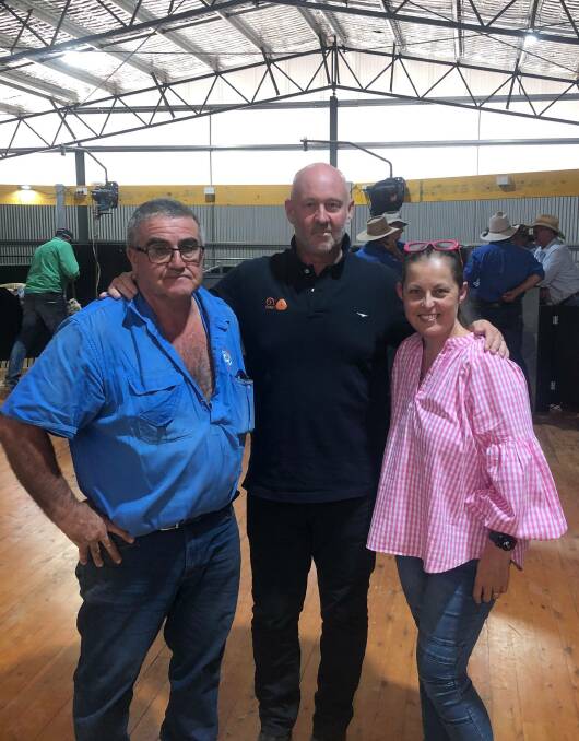 Stuart Le Lievre with AWI CEO Stuart McCulloch and Gabie Le Lievre in the new six-stand shearing shed at Yathonga Station at the official opening.