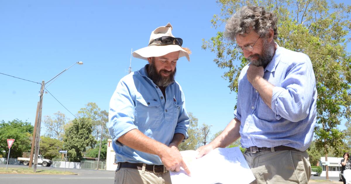 Coonamble farmer, James Nalder, Cudgewa, shows the intrusion to his property by the proposed Inland Rail corridor to NSW Farmers president, James Jackson.