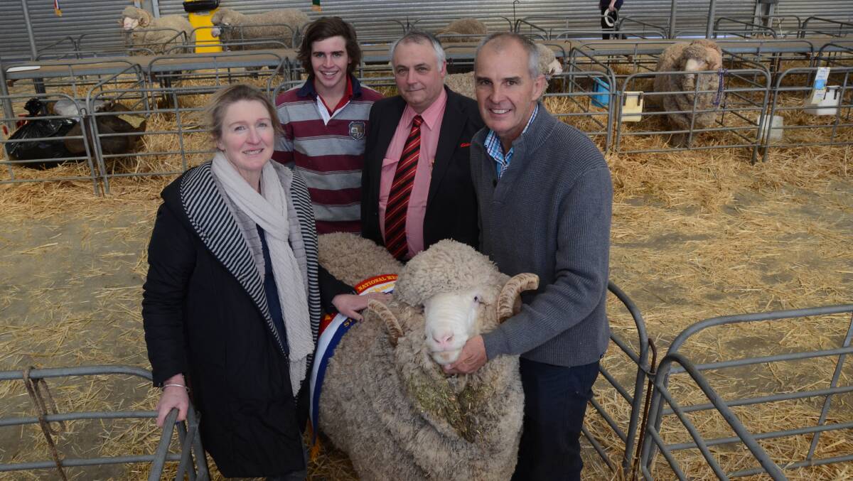 Donna and Garry Kopp, with son, Shaun, are establishing their own Towonga stud at Peak Hill, and are pictured with Elders Merino specialist, Scott Thrift, Dubbo.