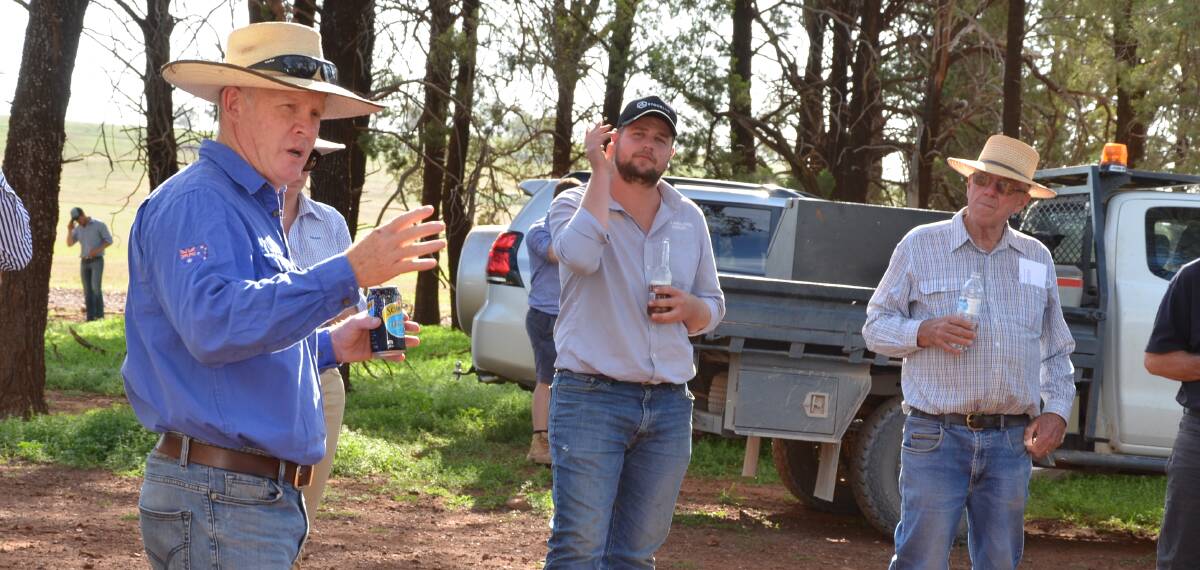 Lachlan Campbell points out the benefits of ProAgni products during a Merino breeders field day at Parkes earlier this year.