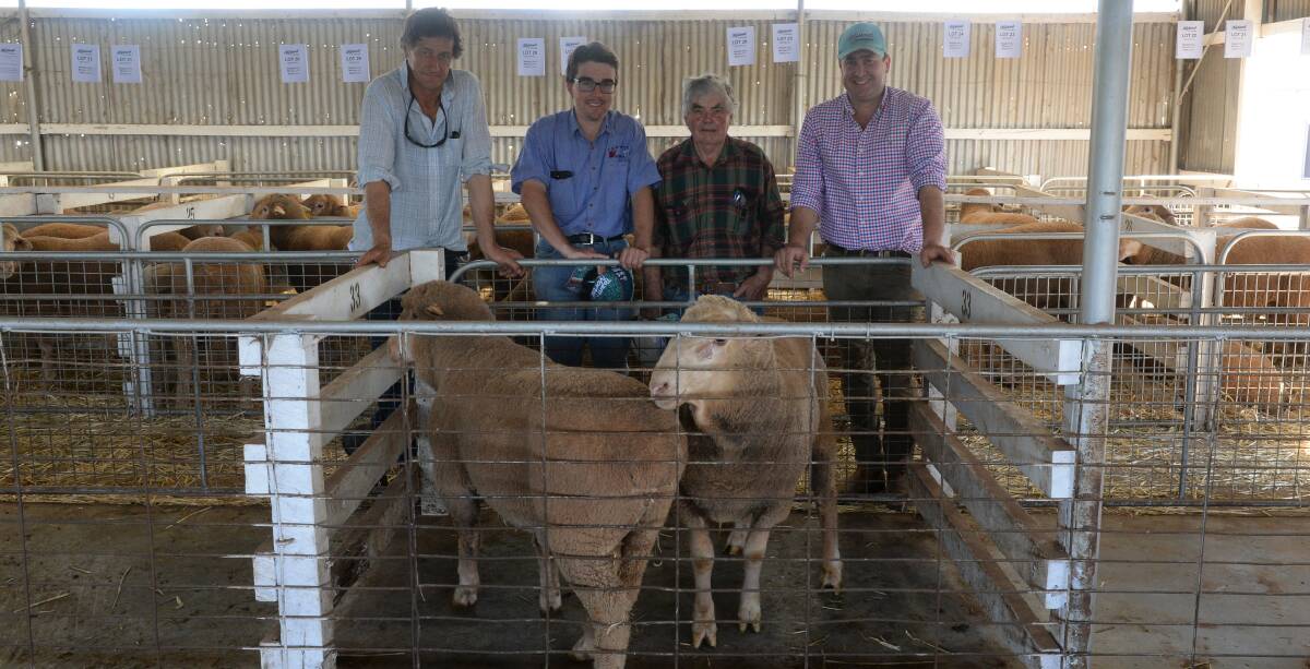 Two rams sold for the top price of $2200 with purchasers John Nadin, Macquarie Dohnes, Dubbo, and Ross and Ian Armour, Wattle Vale, Bookham, with Joe Hyland.