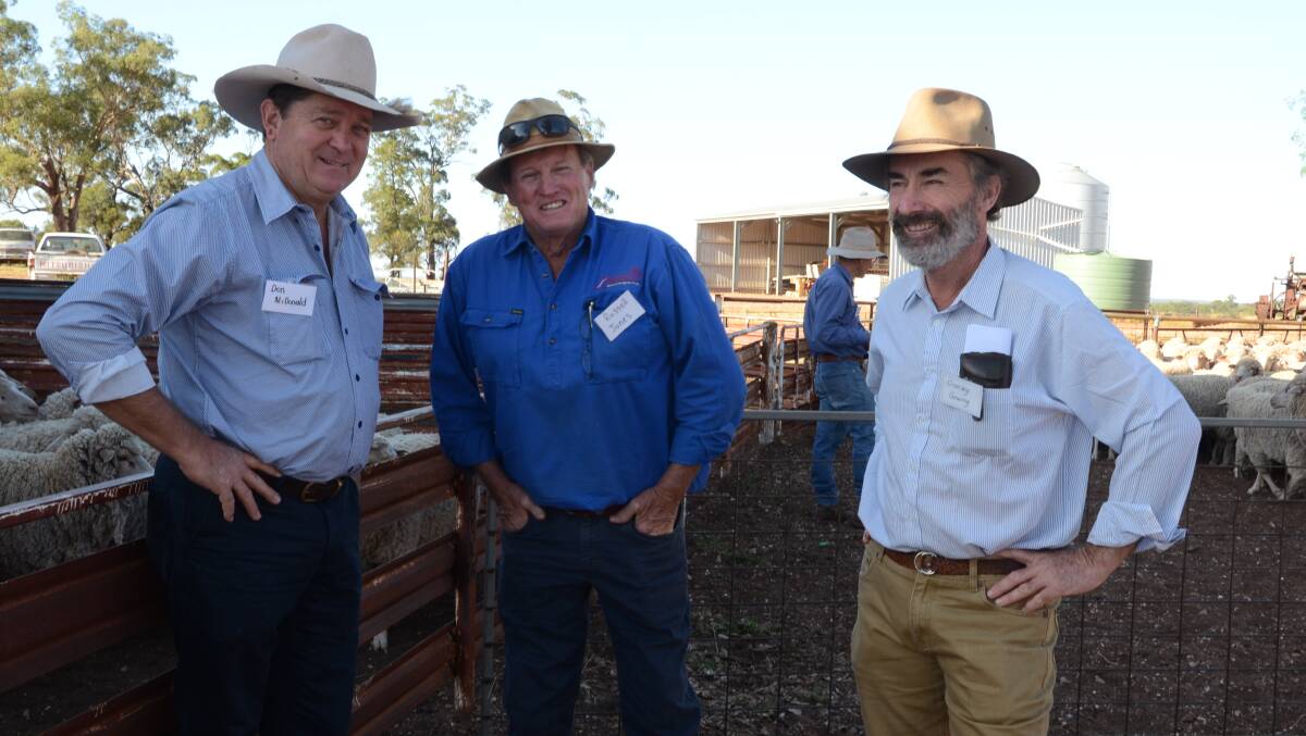 Don Macdonald chats with Ted Little Trundle Merino ewe competition co-organiser Russell Jones, Darriwell stud, Trundle, and entrant Cranley Gowing of Gowing Partners, Trundle, and may have upwards of nine entrants each year.