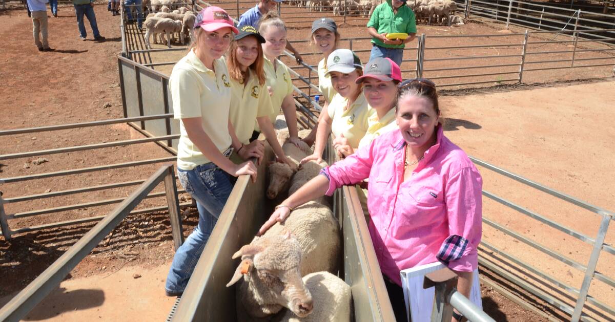 First-time competitors Canowindra High School, load their seven wethers. Pictured are Year 11 students Ashlee Hampton, Karly Elliott, Teagan Drage, Julia Wright, Camille McKenzie and Alana Smith with Ag teacher Nicky Nealon.