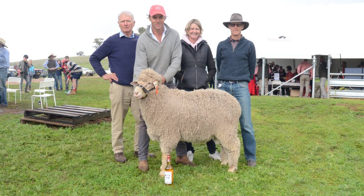 New Zealand Merino breeders paid the $6500 top money for this high performer held by Mumblebone studmaster Chad Taylor. Pictured are Gordon Lucas, Ninemile Poll Merino stud, Tarras, Jayne Rive, Ninemine classer, and Alistair Campbell, Earnscleugh Station, Alexandra, NZ.