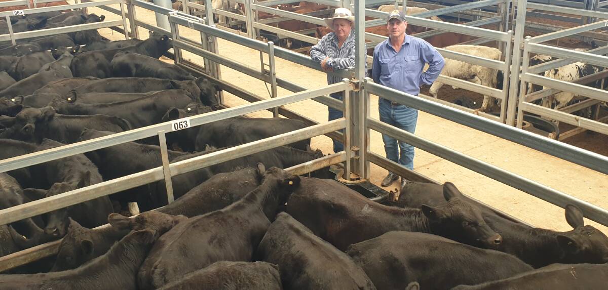 Barry Green, manager and JB Carpenter, Carnegie, Niangala, with best pen of steers and overall champion which made $1420 each. Photo: Michelle Mawhinney
