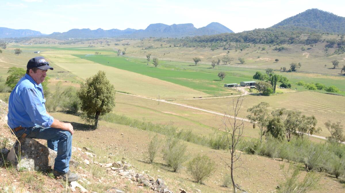Budden manager, Rick Cook, views south towards Growee River source at Nullo Mountain which feeds the Bylong Valley western side. Neighbours take turns to irrigate due to highly reactive alluvial water volume changes.