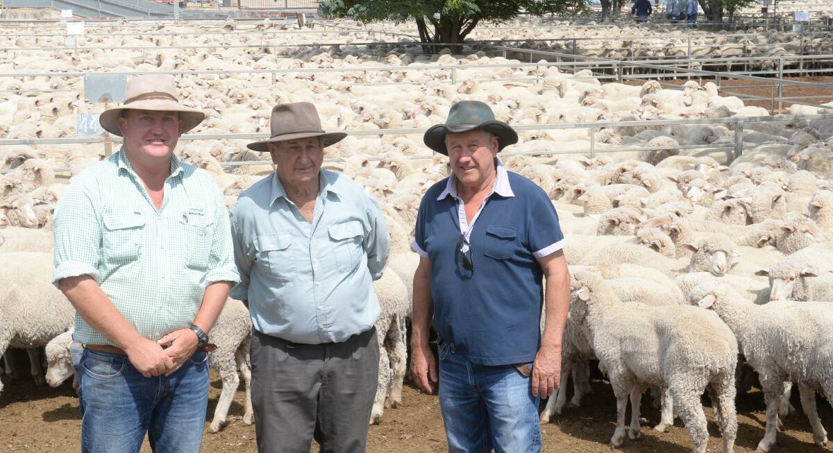 Landmark Wilson Russ agent Marcus Bruce with John Rae, who dispersed his Carwell Station flock and son, Greg, "YalYal", Kyalite, who bought some of his father's ewes.