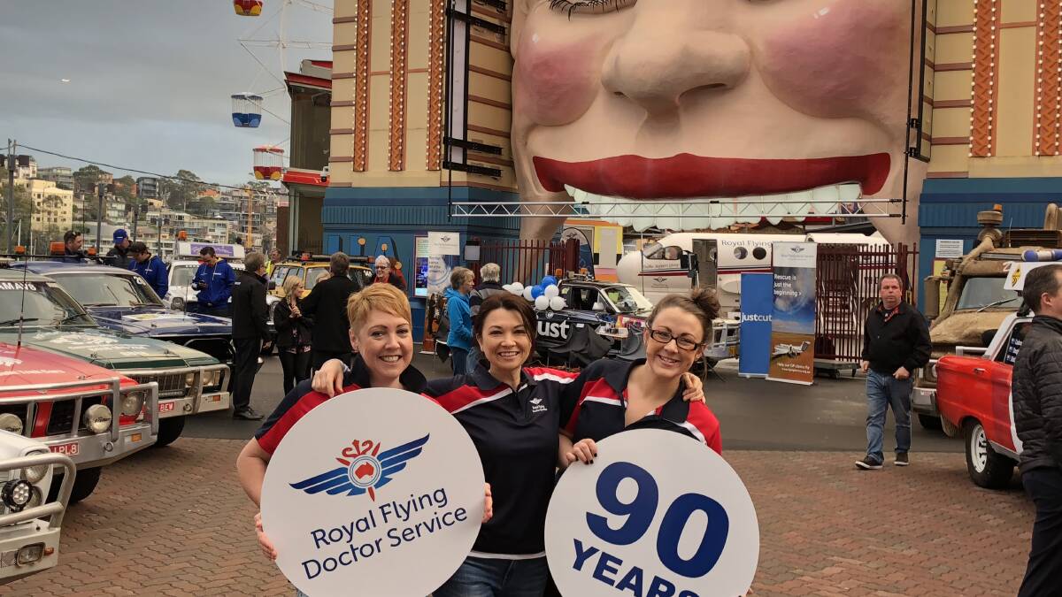 Celebrating 90 years of service to Australia's outback, the RFDS took over Luna Park to launch the 29th Outback Car Trek. Natalie Fardell, Allison Reid and Prue Steel out front.