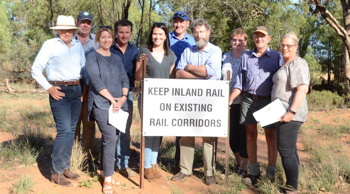 Irate Cobboco district farmers affected by just one section of the Inland Rail corridor met with NSW Farmers president James Jackson (fourth from right) on Monday.