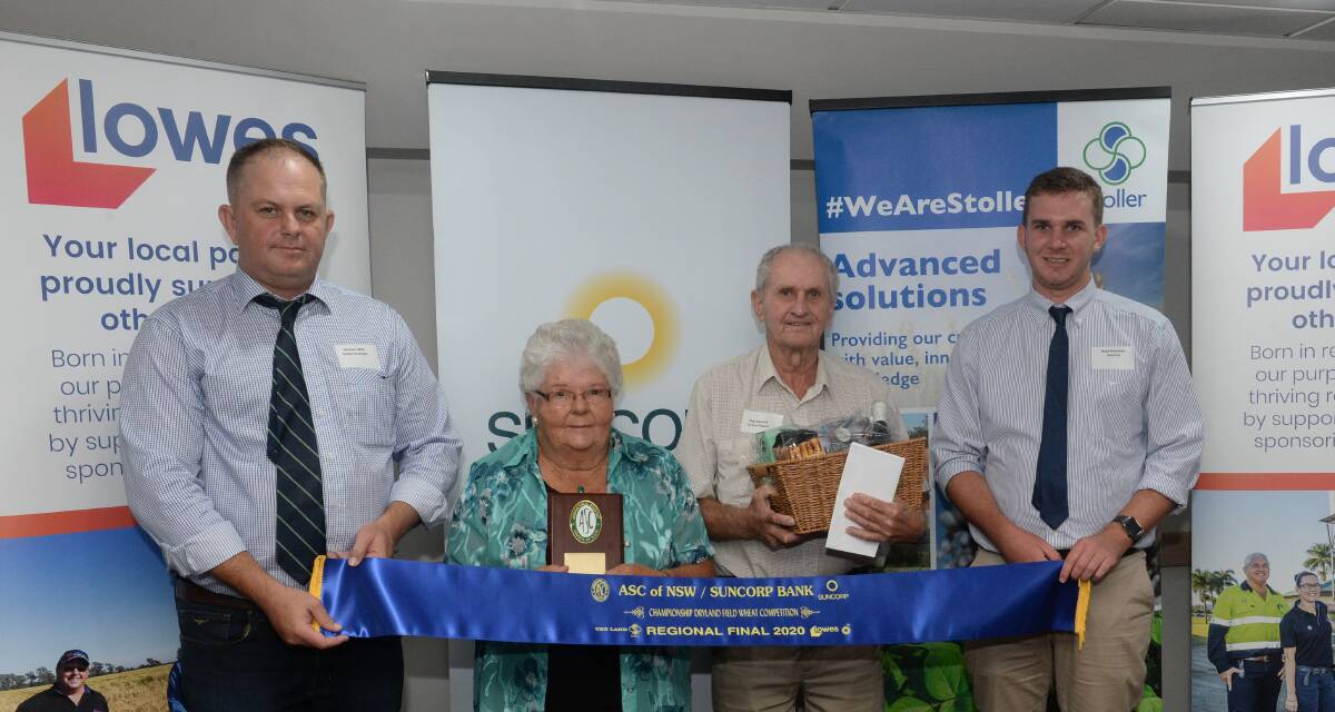 Central zone winners and state champions, Kay and Neil Barwick, Yarrabah, WillowTree, are presented trophies from sponsors Michael Wild, Stoller Australia (left) and Brad Mossman, Suncorp Bank, Dubbo.