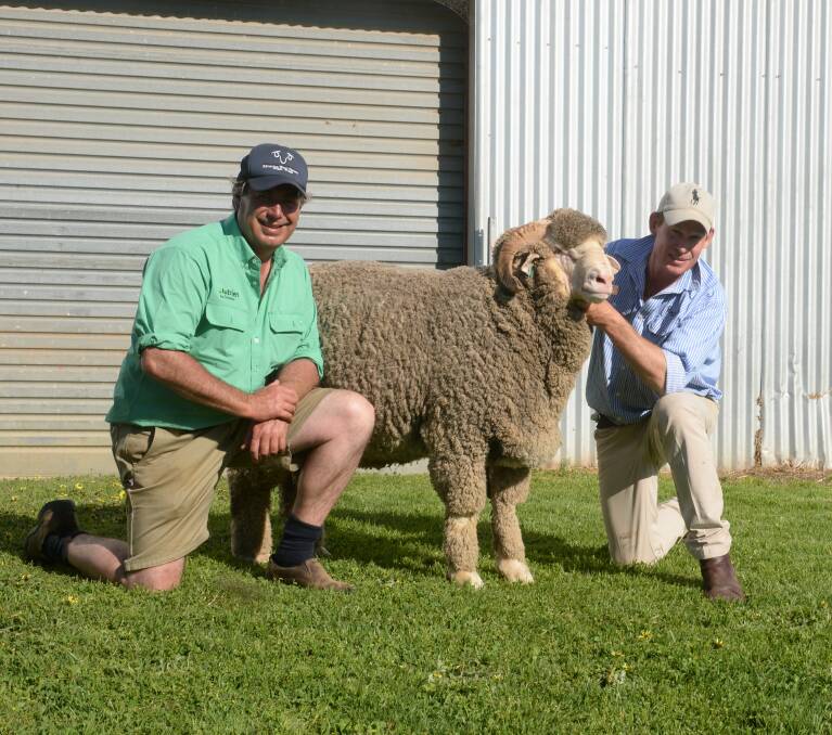 Nutrien Tasmania's Merino specialist, Damian Meaburn with the $18,000 second top-priced ram he bought for Stonehouse Pastoral, Lemont, Tasmania, with Matthew Coddington holding.