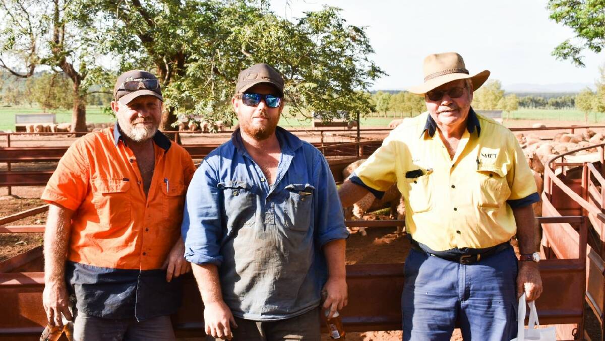 Andrew Hood with his son, Colby and father, Roger, in front of their sheep yards where their maiden ewes won the Parkes competiotion for the second year running.