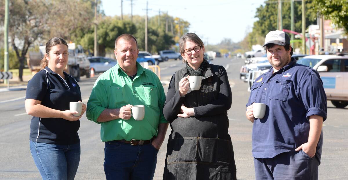Four local businesses have joined forces to give back to the farming community in this dry time who have supported their businesses. Richelle Codrington of Schute Bell Badgery Lumby; Max Jeffery of Brewarrina Friendly Grocer; Belinda Colless of Muddy Waters Coffee Shop and Macdonald Rural's Ros Press represented by Tom Styles.