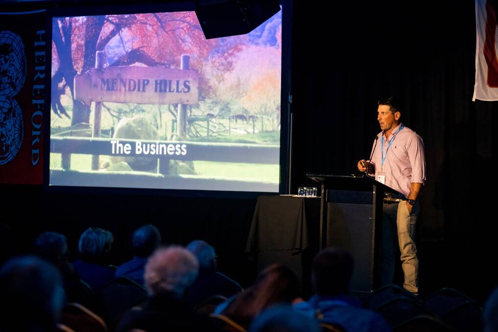 INSIGHT: Simon Lee, Mendip Hills Station, Cheviot, North Canterbury, New Zealand, speaking at the 2020 World Hereford Congress about his involvement in a study on beef progeny testing. Photo: Kate Taylor