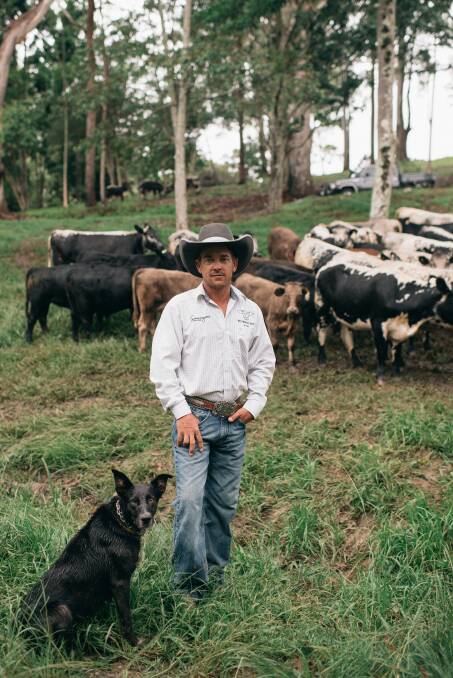 Dallas Coben, pictured with his dog, Sox, says he hopes his on farm restuarant idea will help educate the food industry on the Speckle Park breed. Photo: Figtree Pictures