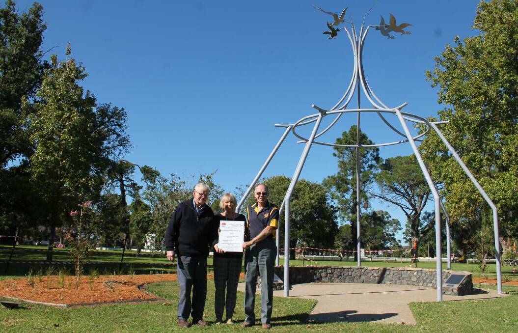 Rotarians Hugh Hamilton and Neil Wilcox with council administrator Christine Ferguson at the completed garden area adjacent to the Peace Pavilion last week. Picture: Jennette Lees

