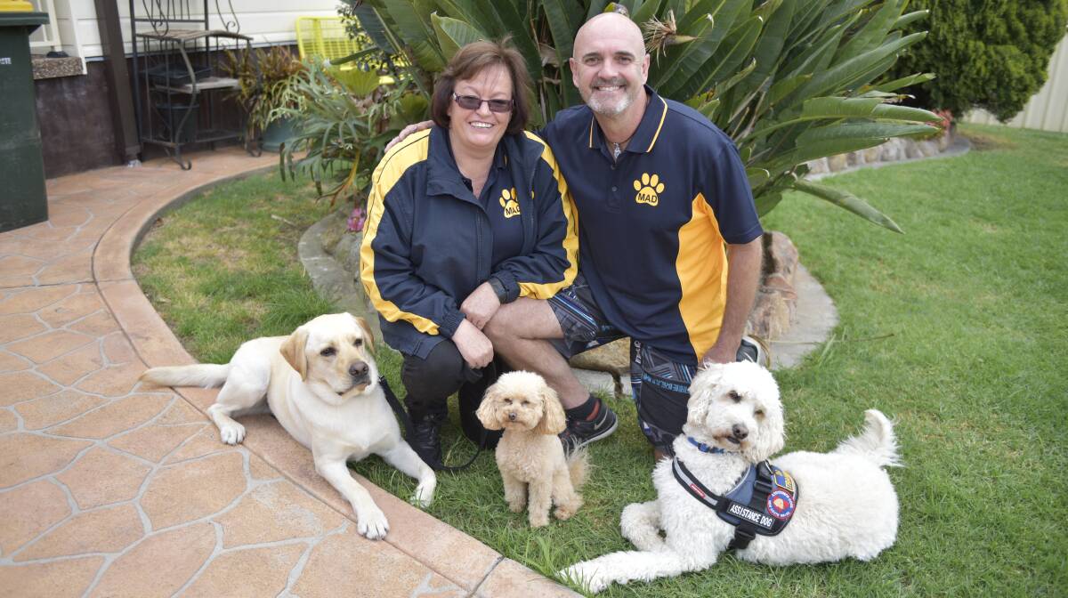 Miracle Assistance Dogs Training director Carmel “Fudge” Kaczmar and patron Neil Fanning with dogs Avalon, Digger and Jajaca Azlan.