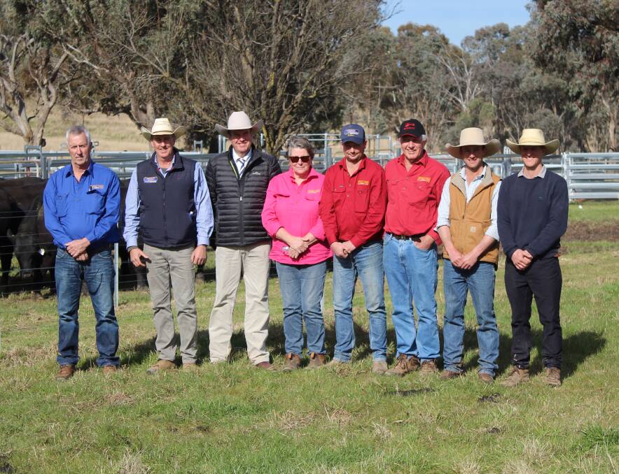 The happy group after the Coffin Creek Angus stud bull sale included Wing Vee Pastoral manager Ivan Truscott, McDonald Lawson Carter's Bill Lawson and Paul Dooley, Wing Vee's Lauris Truscott, James Forbes and owner Neil Bolte, and stud co-principals Harry and Jack White. Photo: Denis Howard