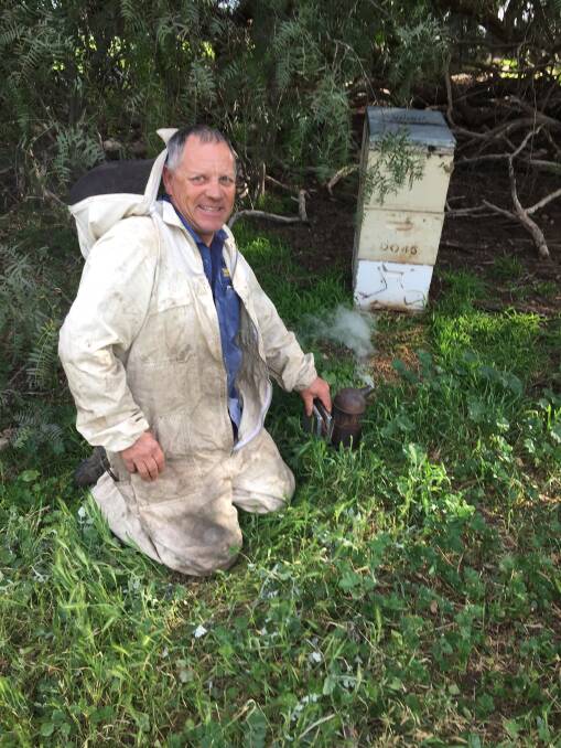 NATURAL: Paul Drayton, Nagambee Honey, lights the smoker in front of a beehive that sits under a peppercorn tree.