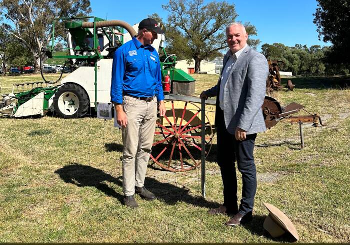 Scott Hansen (right) with NSW DPI research officer Gordon Refshauge at the Cowra Agricultural Research and Advisory Station open day last September. Picture supplied 
