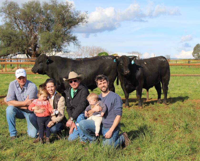 Milwillah Angus' Will Caldwell with Arkle Angus' Evelyn Solway and Siobhan Cowan, auctioneer Nutrien's Andrew Wishart, and Arkle's Beatrice and William Solway with top-priced lot Milwillah Jaal R138 (right). Photo: Denis Howard 