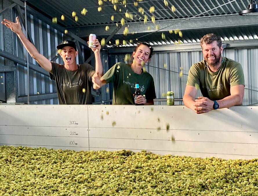 HAPPY HOPPERS: Jade McManus, and Karen and Morgan Taylor, Ryefield Hops, Bembooka, were pleased to get a harvest this season after losing the last one to fires and drought.
