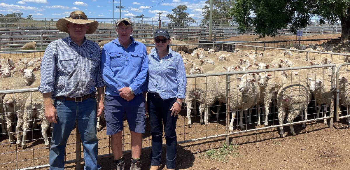 Angus Stuart, Milling Stuart, and Matthew and Fleur Guan, Bonniedoon, with the lot of first-cross ewes which sold for $212 at the 75th annual Dunedoo Sheep Breeders Sale. Picture supplied.
