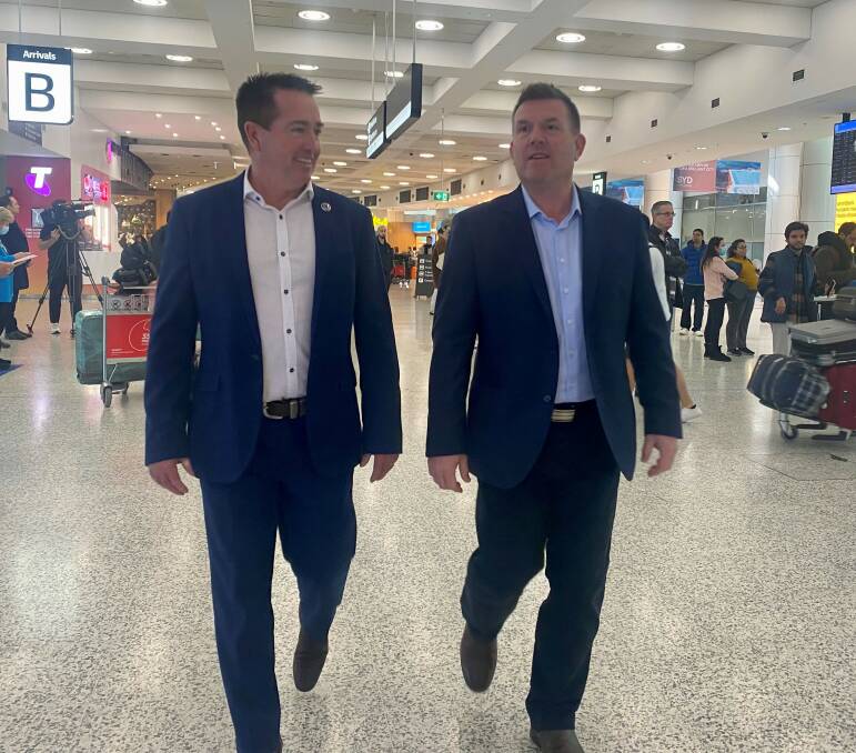 JOINT EFFORT: NSW Deputy Premier Paul Toole and Agriculture Minister Dugald Saunders spread the FMD message at Sydney International Airport.