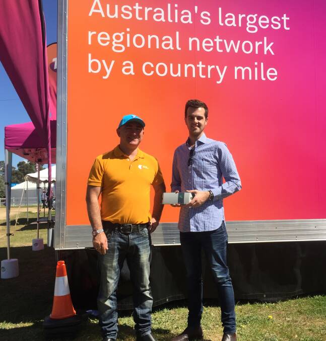 Telstra's regional experience specialist Robert Grnevski and regional engagement manager NSW/ACT Josh Fulwood at the Henty Machinery Field Days. 