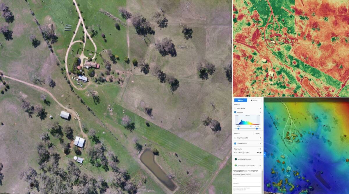 DRONING ON: An example of a base map, plant health map and an elevation map. The green on the plant health map indicate areas of good growth. 