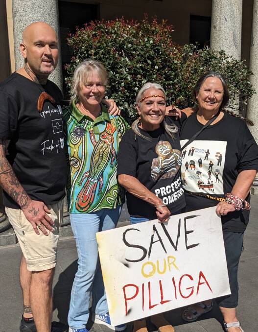 Gomeroi people and north-west NSW locals Kodi Brady, Nerida Wolford, Steph Trindall, and Suellyn Tighe were part of the protest in Sydney. Picture supplied