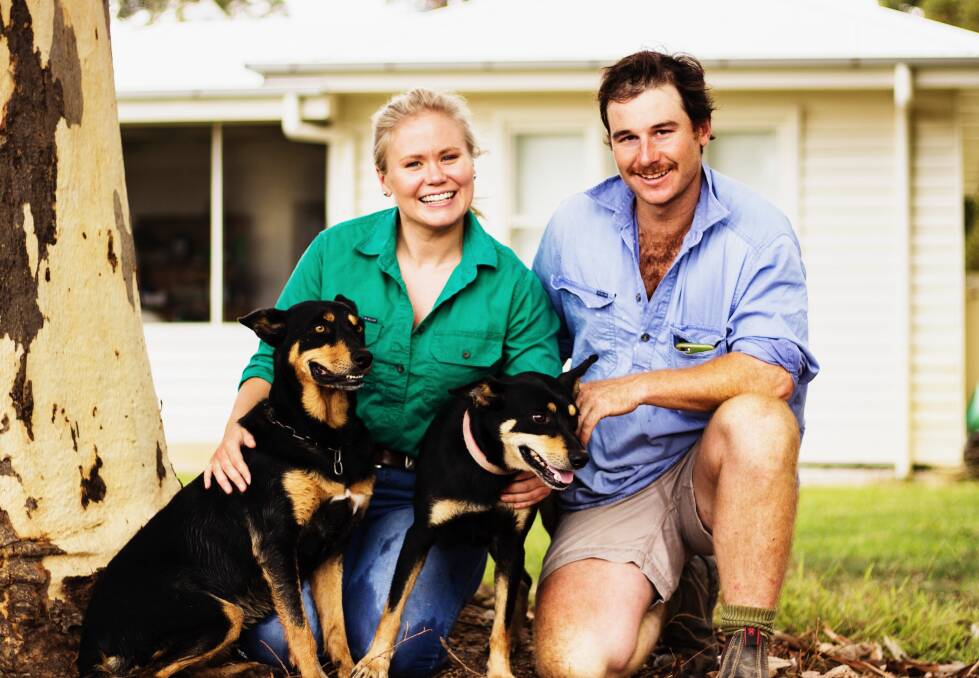 Airlie Landale and her husband Hugh on their farm in Pretty Pine with their workmates Egg and Pip.