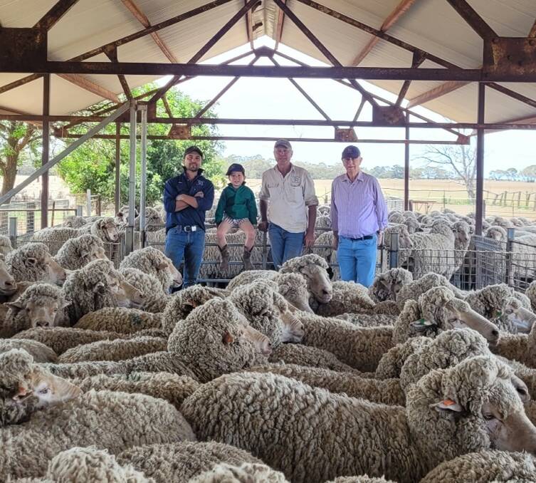 Rhys McCulloch, Will Kirby, Craig McCulloch and Tony Smith of McCulloch Pastoral, behind mixed age special ewes at Bullawah Station.