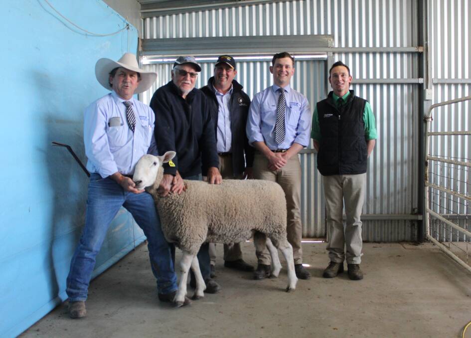 With top priced lot from the Wattle Farm Border Leicester Stud production sale are Hartin Shute Bell's Jason Hartin, Mooney Bimbi Partnership's Joe Mooney, Wattle Farm Border Leicester Stud principal Jeff Sutton, Shute Bell's Jason Finch, and Wagga Wagga Nutrien's Hamish McGeoch. Photo: Denis Howard 