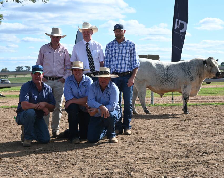 With top price, JAD Sizzler S50, are back - Nick Fogarty, Bower & Livermore, Brian Leslie, Dairy Livestock Services, Jock Potter, Ron Potter Farms; front - Ben Wesley, Big Star Speckle Park, and Amy and Justin Dickens, JAD Speckle Park. 