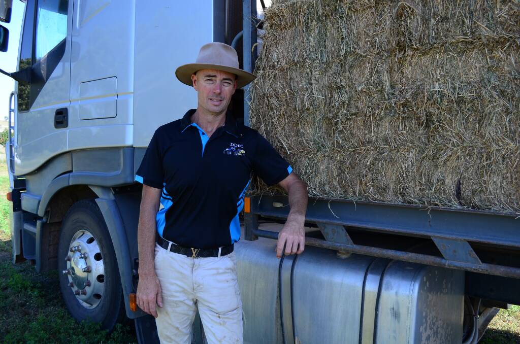 Wagga farming contractor Cam Dooner picture with a truck load of hay at a property near Oura. Picture by Taylor Dodge