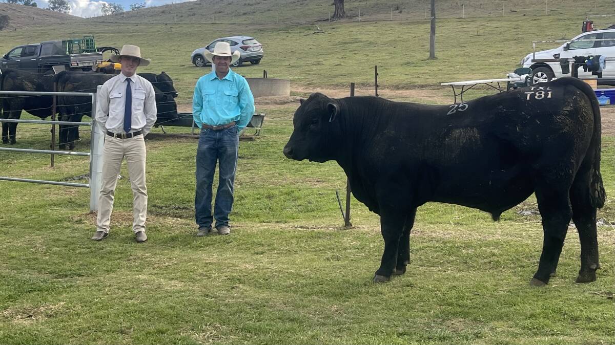 Alec Clysdale, McCulloch Agencies, and Nathan Steinbeck, XL Beef, with the top-priced bull XL Beef Hometown T81. Picture supplied