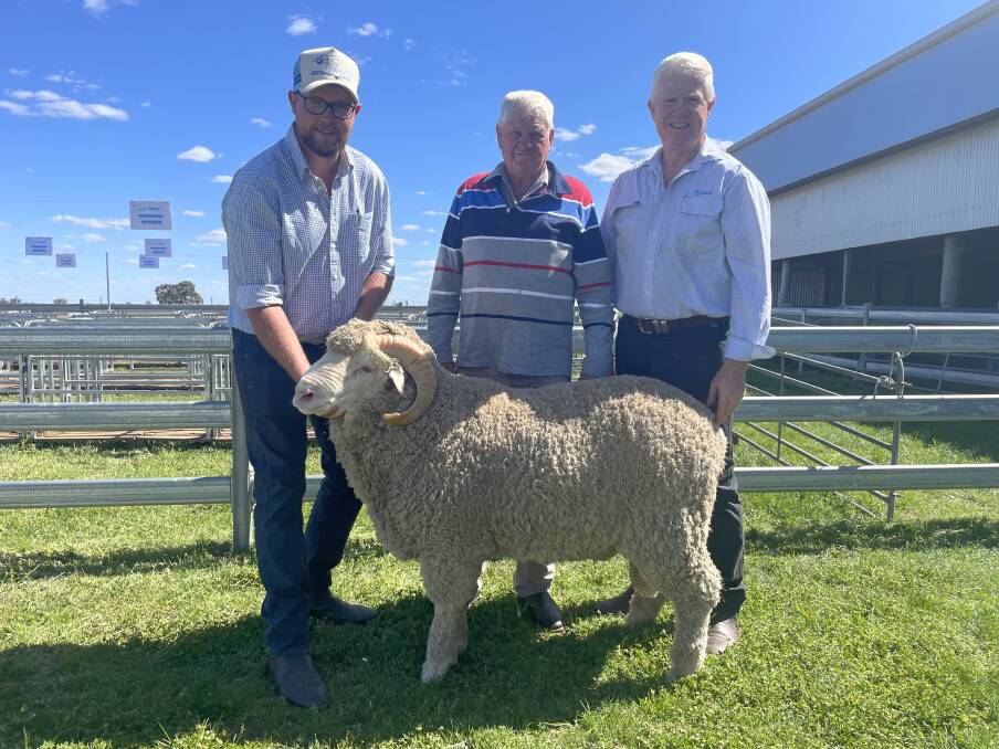 Bocoble Merino stud's Hayden Cox, buyer John Webb, Cooyal, and auctioneer John Croake, AWN, with the top-priced ram. Picture supplied